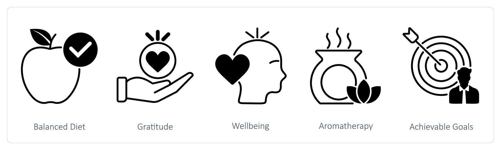 A set of 5 Wellness icons as balanced diet, gratitude, well being vector