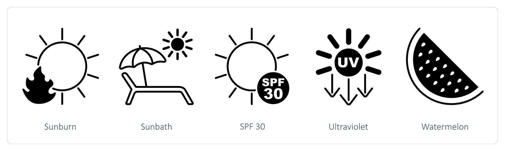 A set of 5 Sun Protection icons as sunburn, sunbath, spf 30 vector