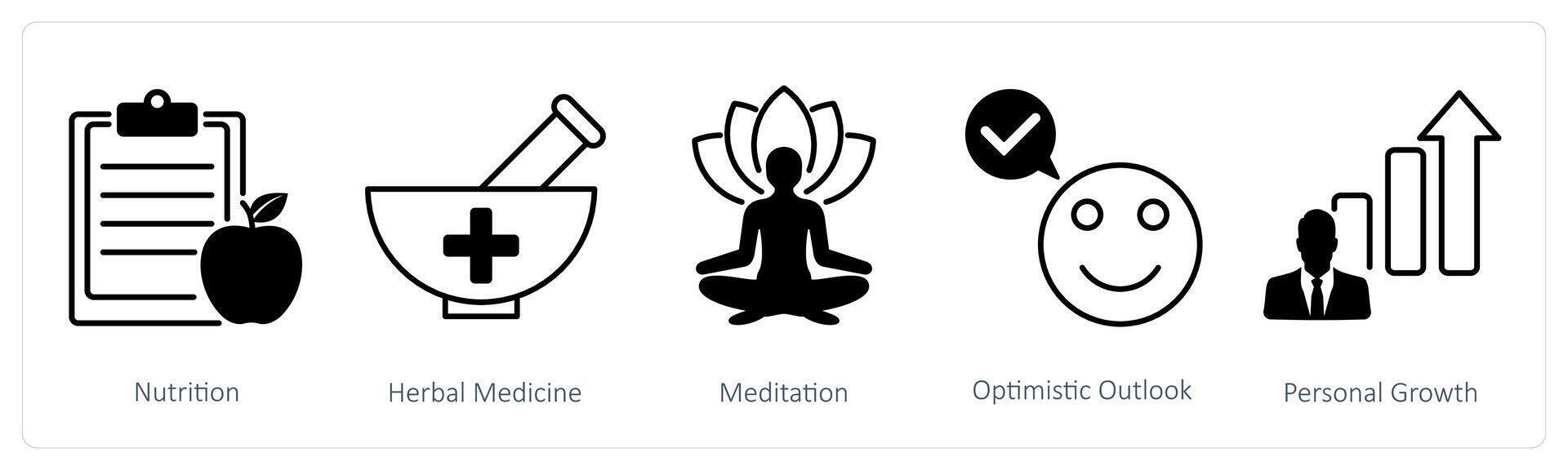 A set of 5 Wellness icons as nutrition, herbal medicine, medidation vector