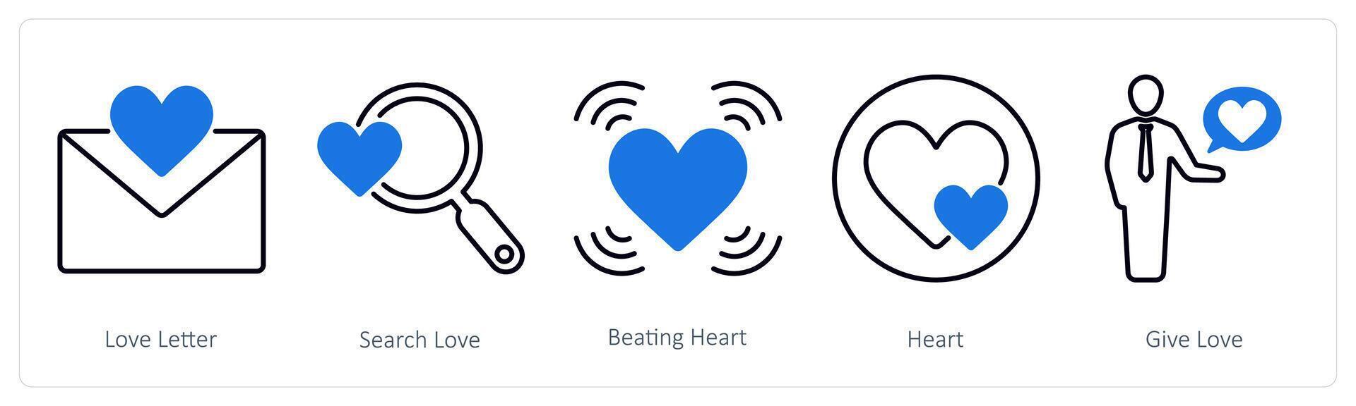 A set of 5 Love and Romance icons as love letter, search love, beating heart vector