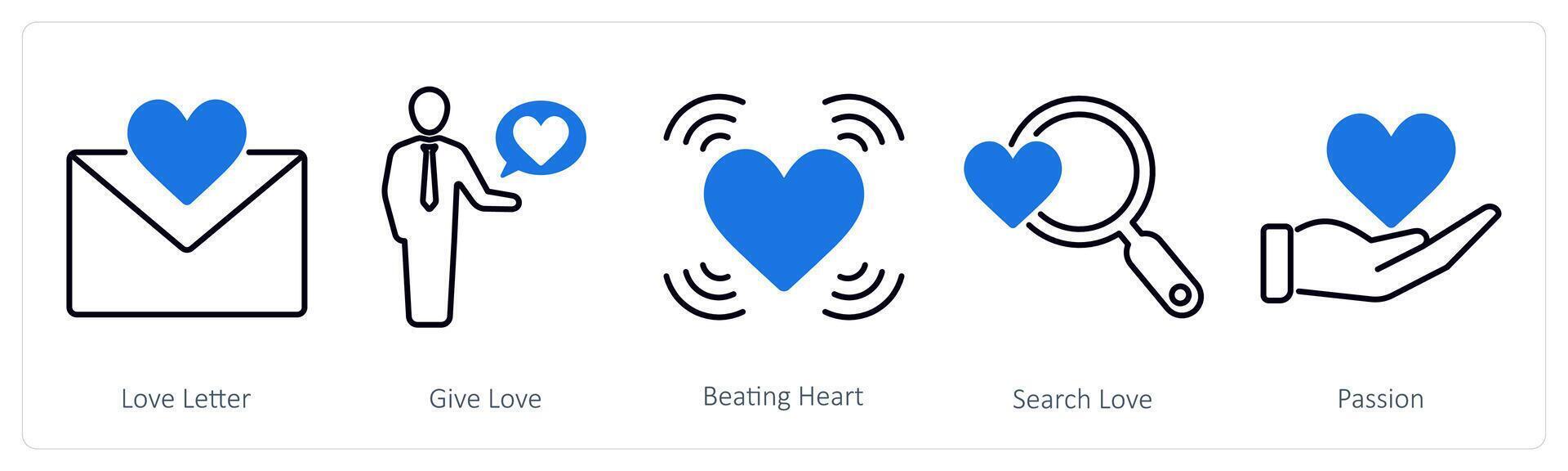 A set of 5 Love and Romance icons as love letter, give love, beating heart vector