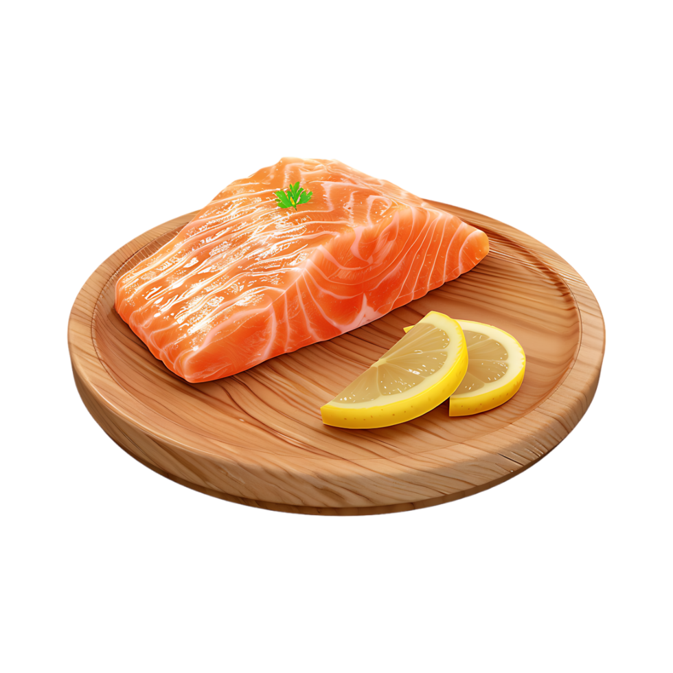 Salmon Fish with Lemon on Wooden Plate on Transparent Background png