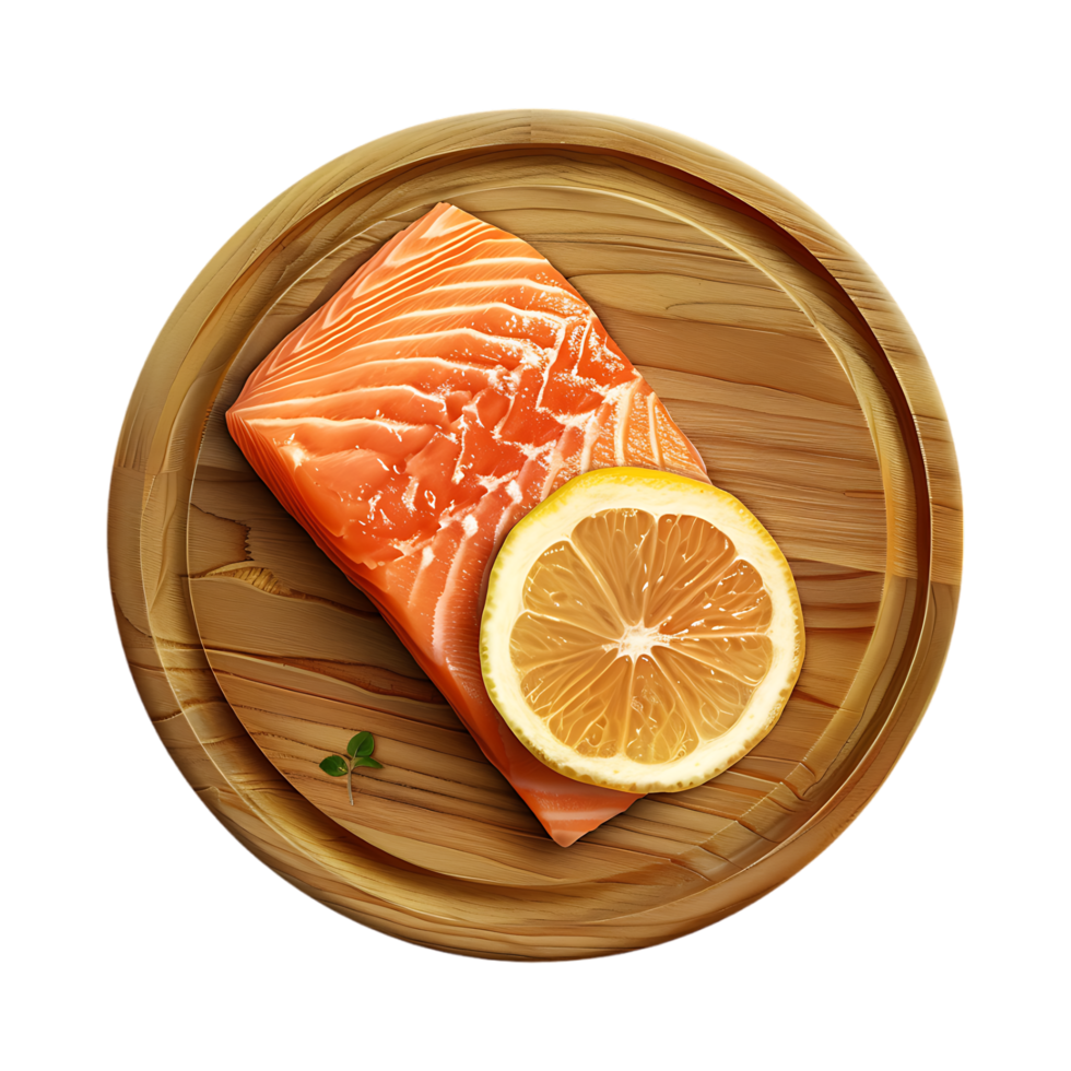 Salmon Fish with Lemon on Wooden Plate on Transparent Background png