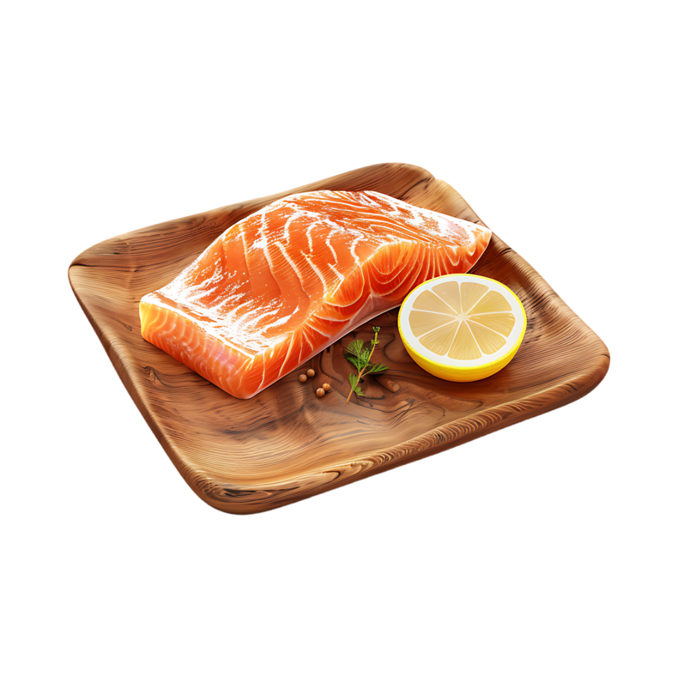 Salmon Fish with Lemon on Wooden Plate on Transparent Background png