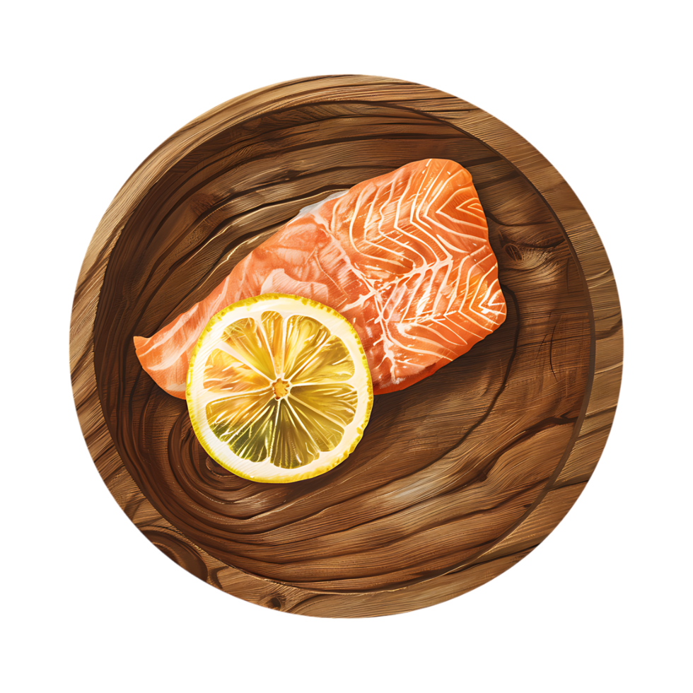 Salmon Fish with Lemon on Wooden Plate on Transparent Background png