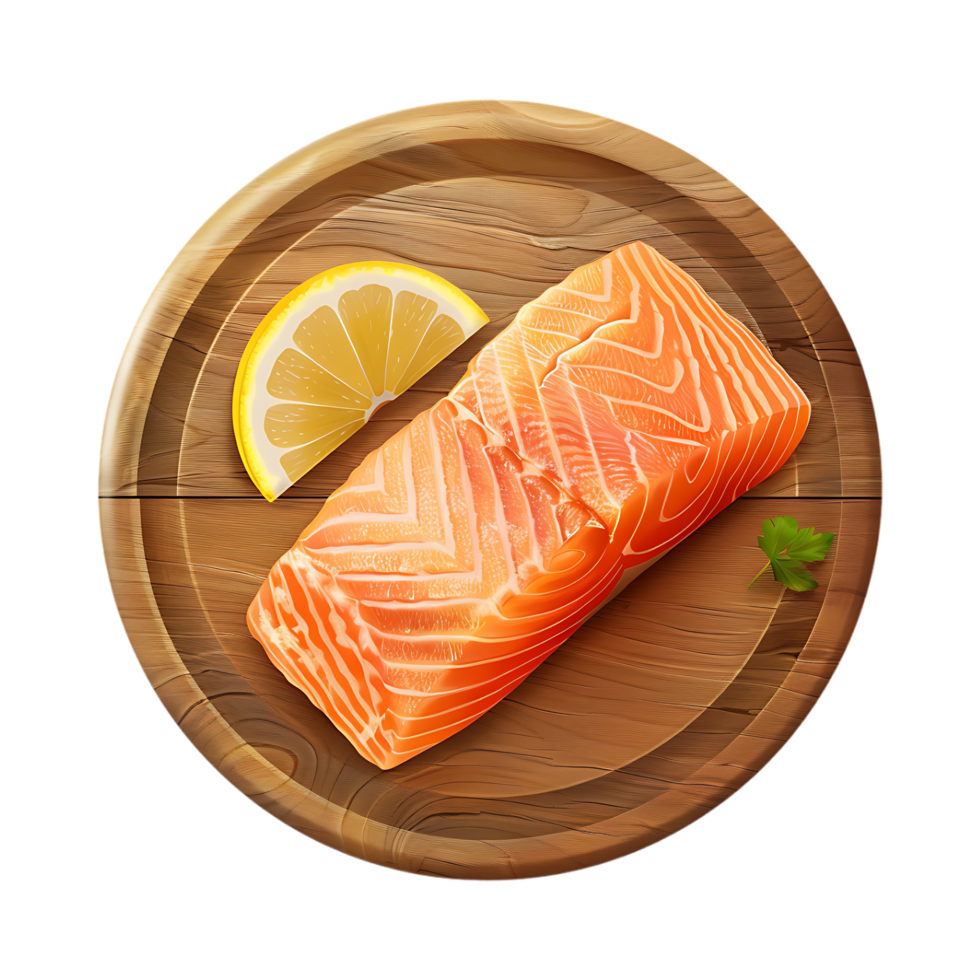 Salmon Fish with Lemon on Wooden Plate on Transparent Background png