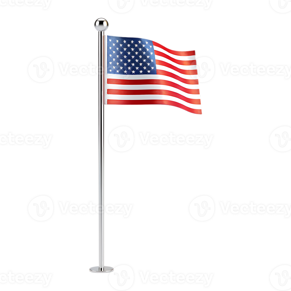 Waving USA Flag on Flagpole Independence Day on Transparent Background png