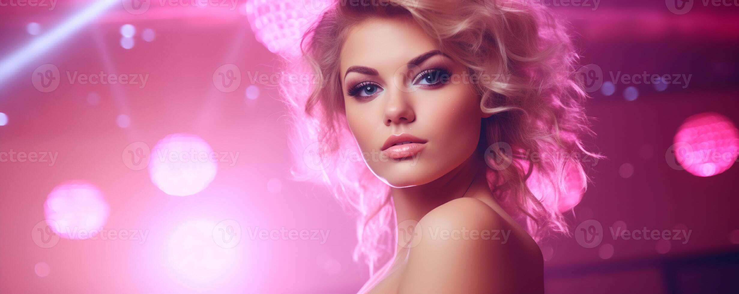 a beautiful blonde woman with pink lights in the background photo