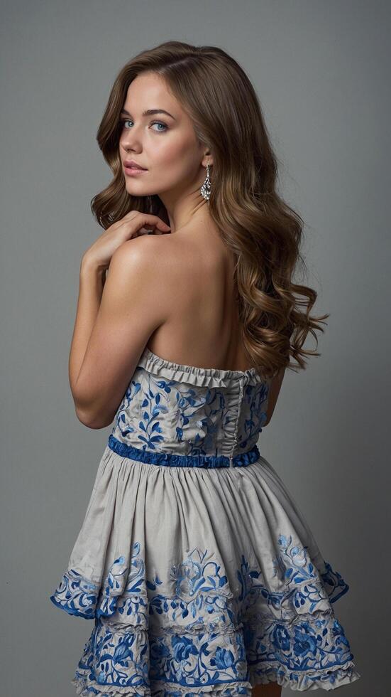 Portrait of a 25 year old woman viewed from the back wearing a floral dress with blue patterns and a ribbon, showcasing long curled hair and an earring photo