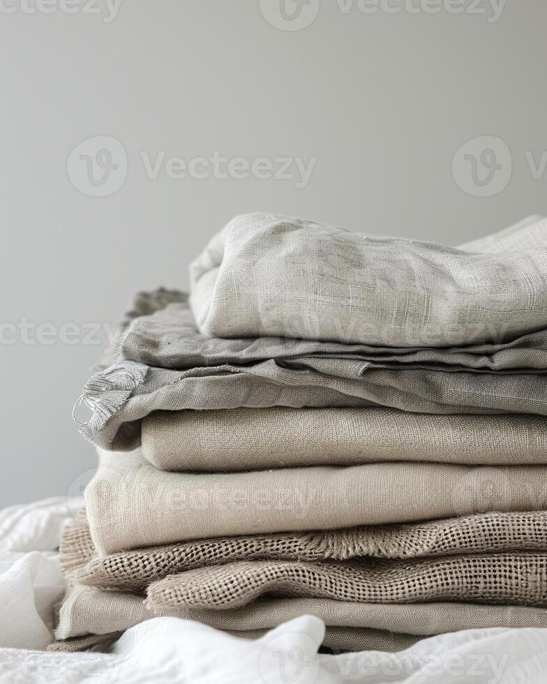 Pile of linen fabrics, neatly folded stack of linen in various shades of beige, fabrics textiles, neutral colours photo