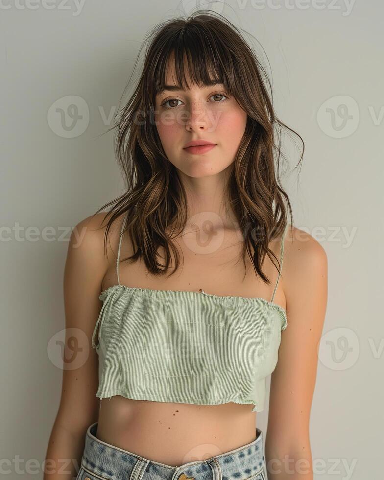 White girl with long hair wearing a green top and denim shorts, pale green halter top, young woman in her 20s photo