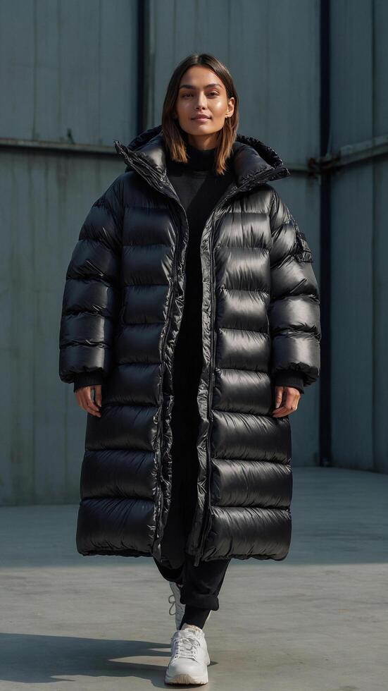 Model wearing an oversized black puffer jacket and white sneakers stands against a grey background photo