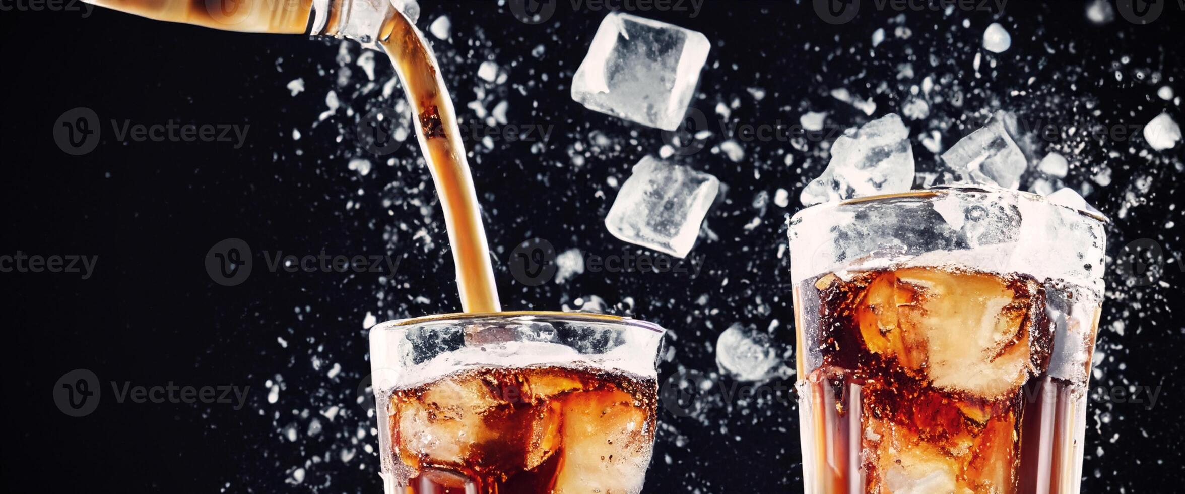 Cola soda and ice splashing fizzing or floating up to top of surface photo