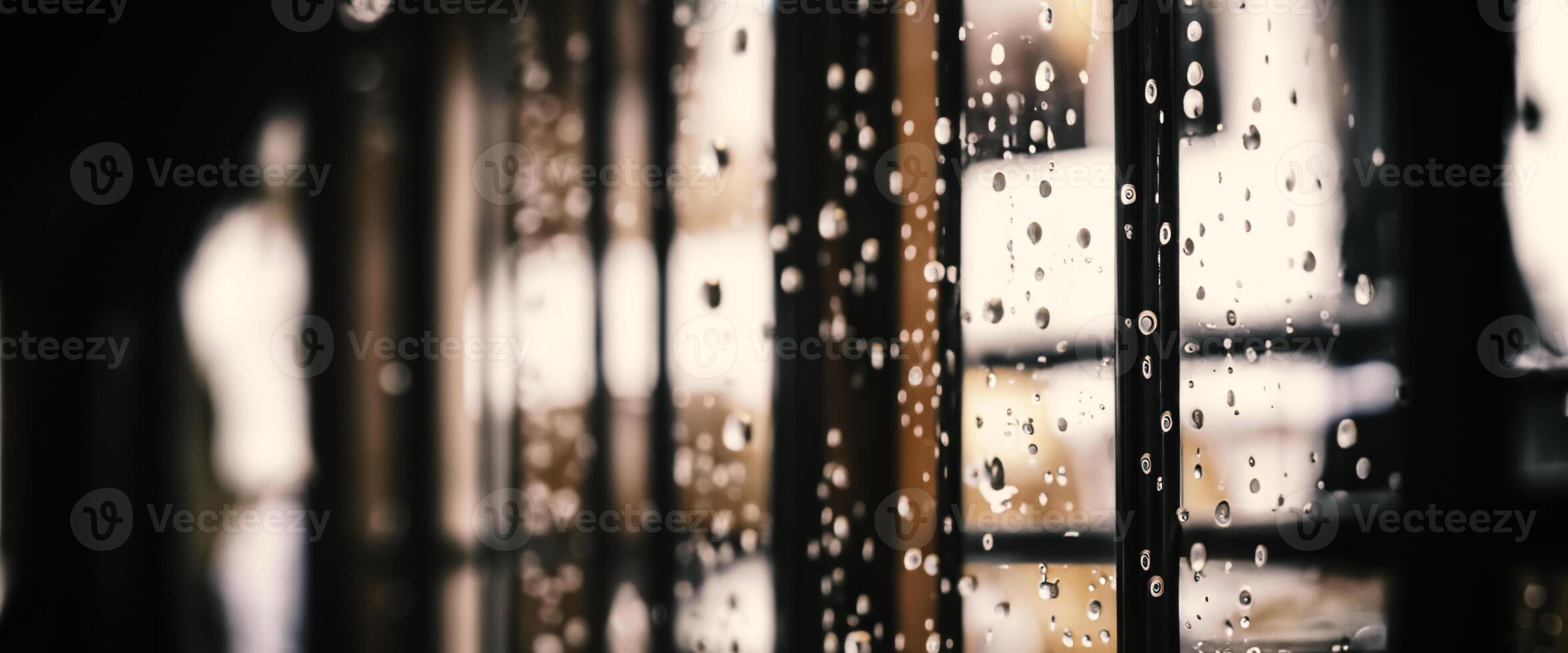 Rain drop on window glass of coffee shop and blurry city life background. Rainy season and blurry people city day life or bokeh night lights outside window. Coffee shop window covered with rain water photo