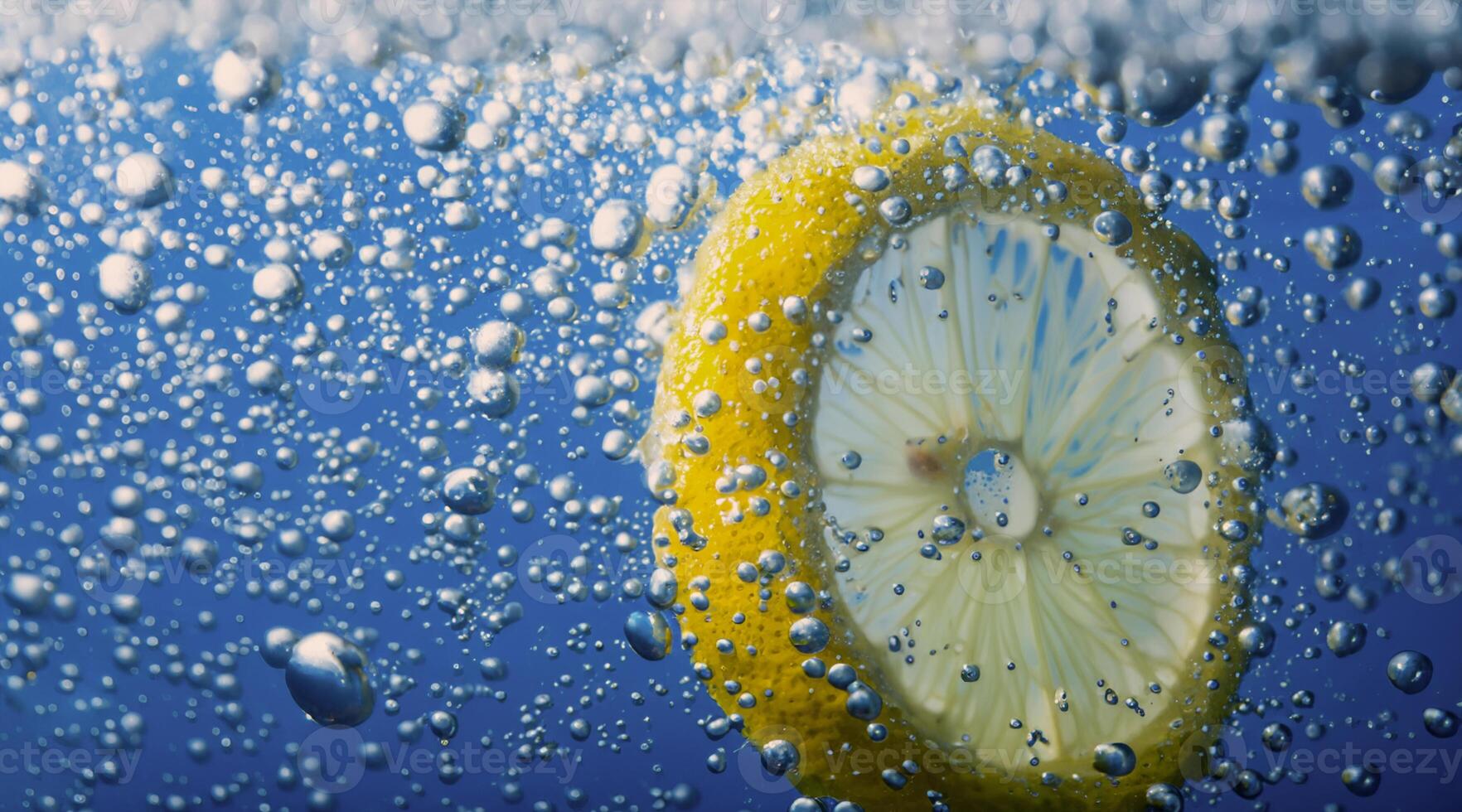 Underwater lemon slice in soda water or lemonade with bubbles. photo