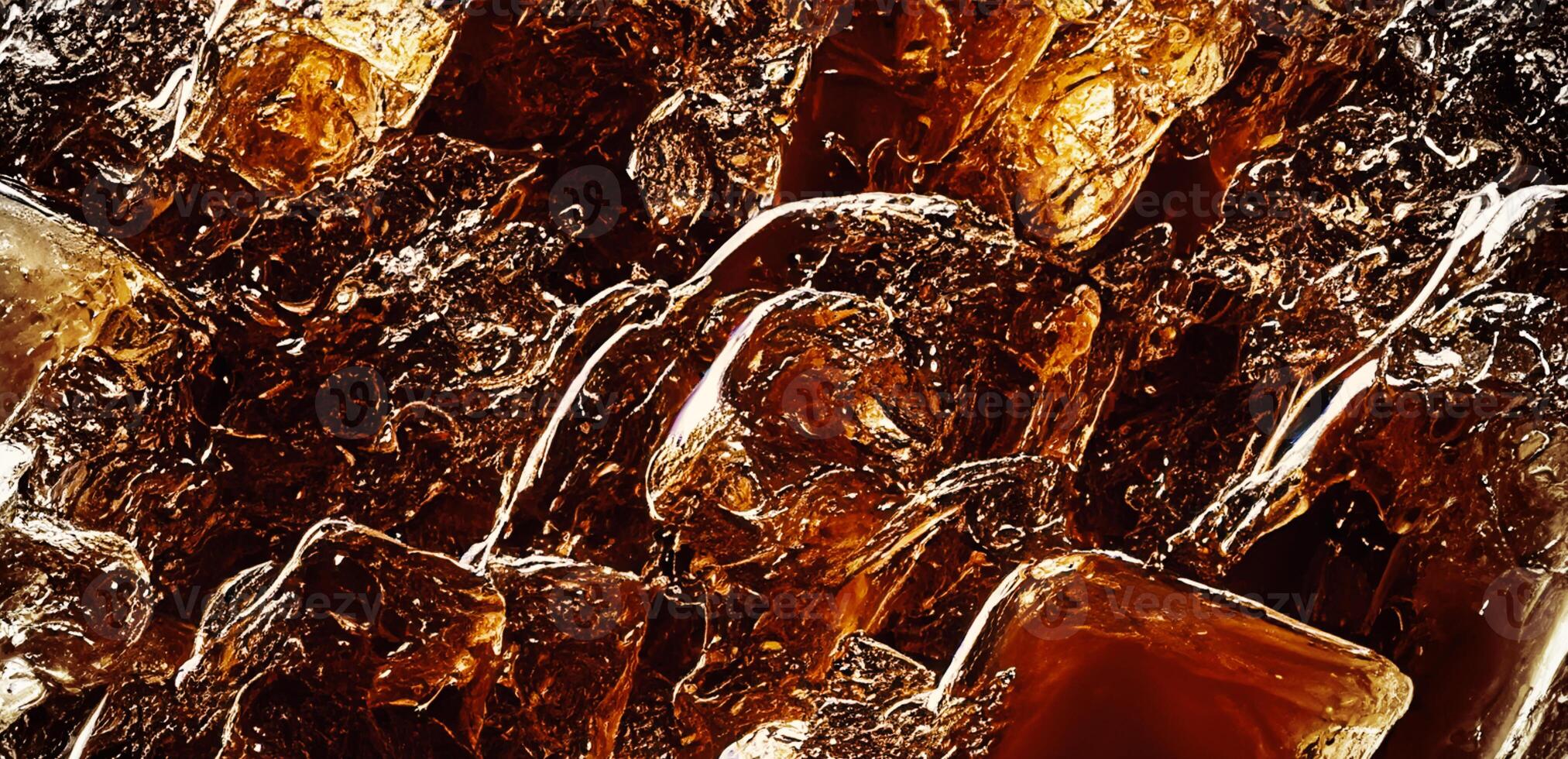 Cola with Ice. Close up of the ice cubes in cola water. Texture of carbonate drink with bubbles in glass. Cola soda and ice splashing fizzing or floating up to top of surface. Cold drink background. photo