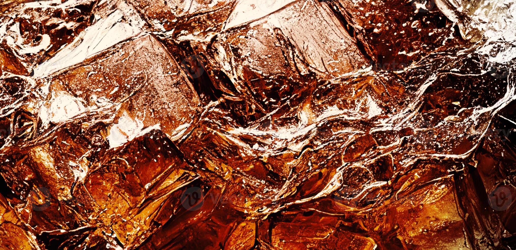 Cola with Ice. Close up of the ice cubes in cola water. Texture of carbonate drink with bubbles in glass. Cola soda and ice splashing fizzing or floating up to top of surface. Cold drink background. photo