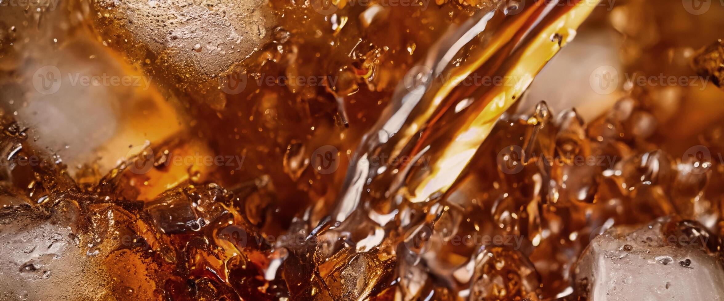 Cola soda and ice splashing fizzing or floating up to top of surface photo