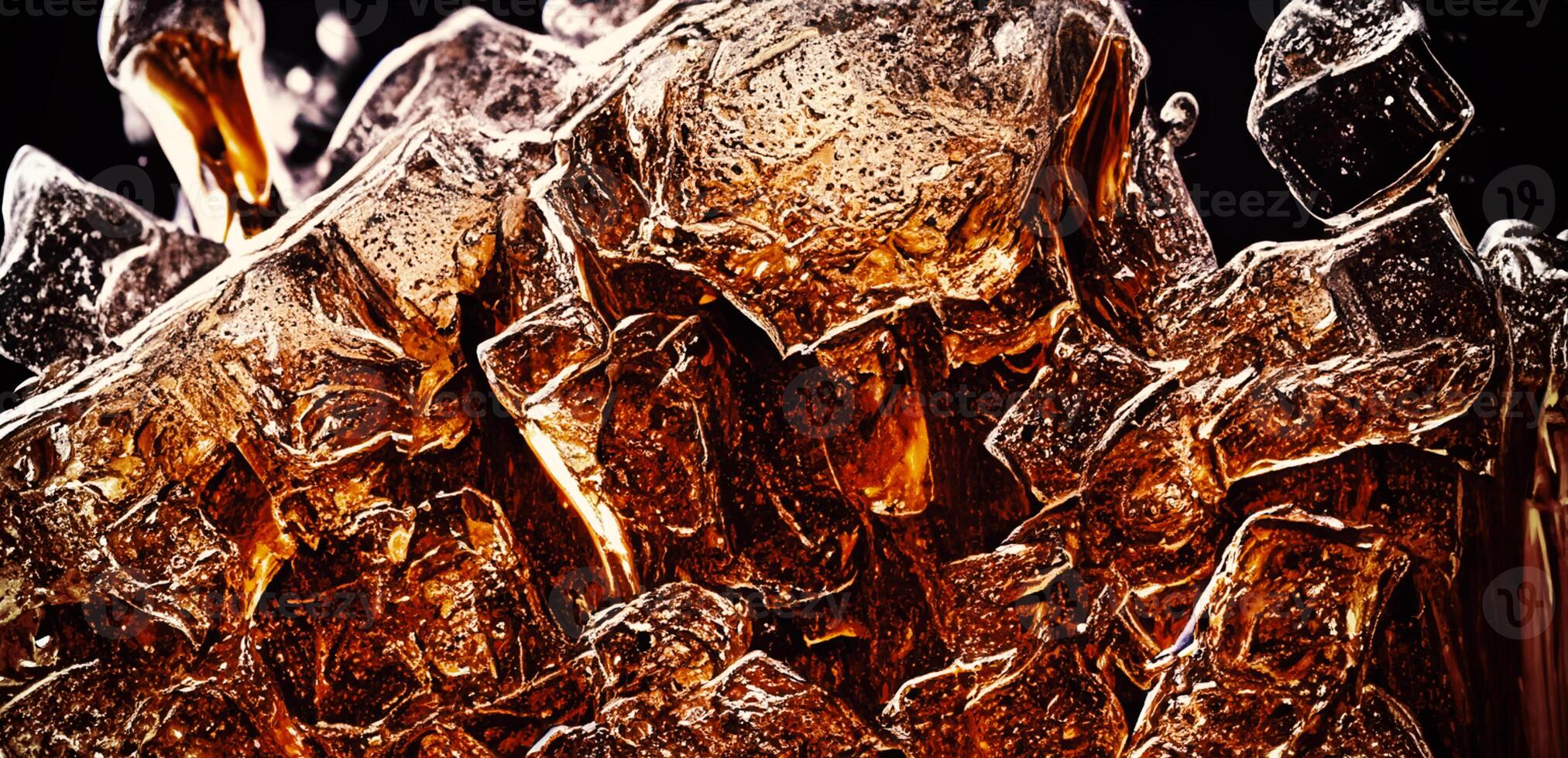 Cola with Ice. Close up of the ice cubes in cola water. Texture of carbonate drink with bubbles in glass. Cola soda and ice splashing fizzing or floating up to top of surface. Cold drink background. photo