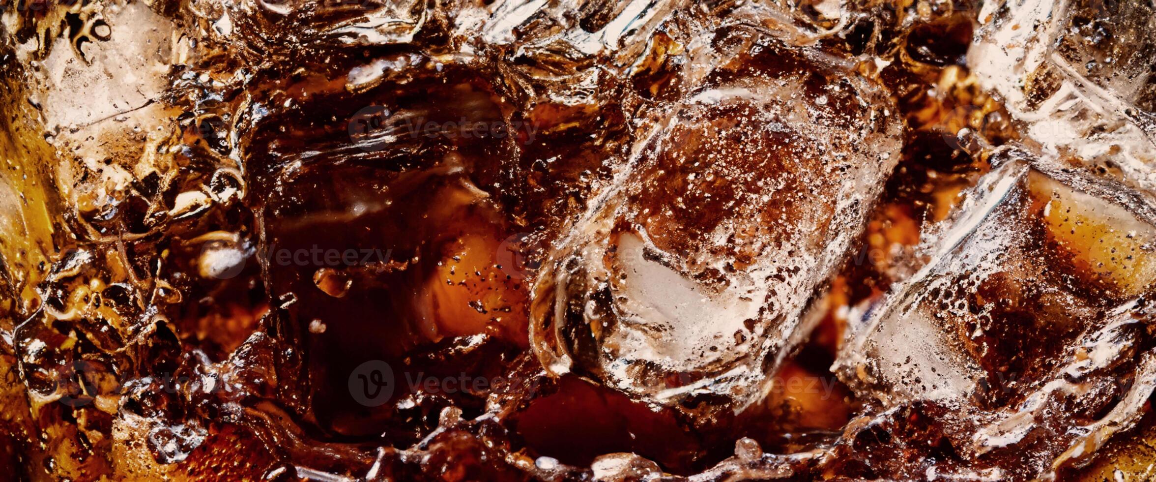 Cola soda and ice splashing fizzing or floating up to top of surface photo