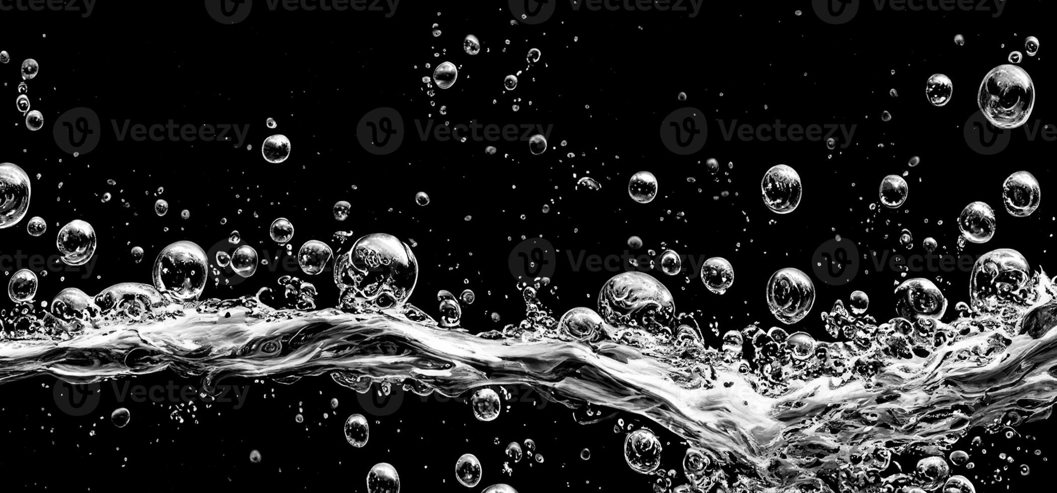 Soda water bubbles splashing underwater against black background. photo