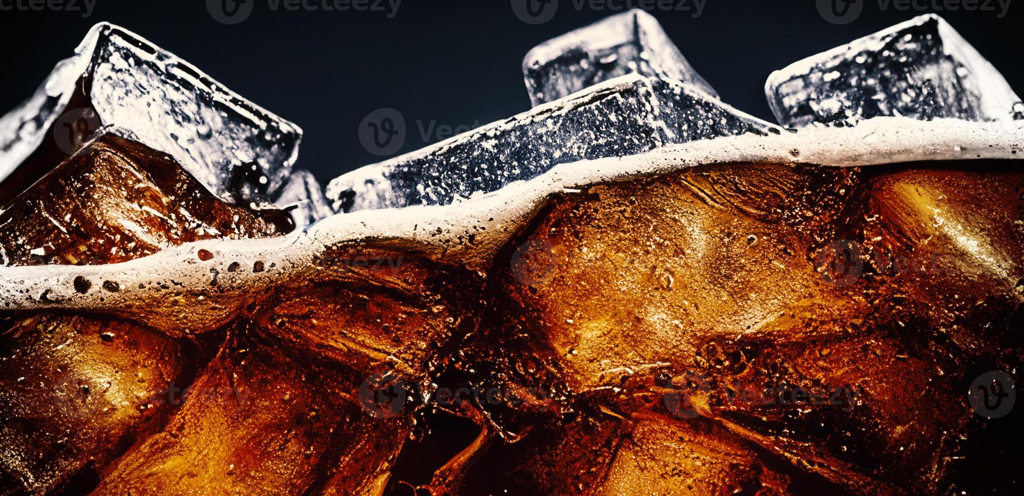 Cola with Ice. Close up of the ice cubes in cola water. Texture of carbonate drink with bubbles in glass. Cola soda and ice splashing fizzing or floating up to top of surface. Cold drink background. photo
