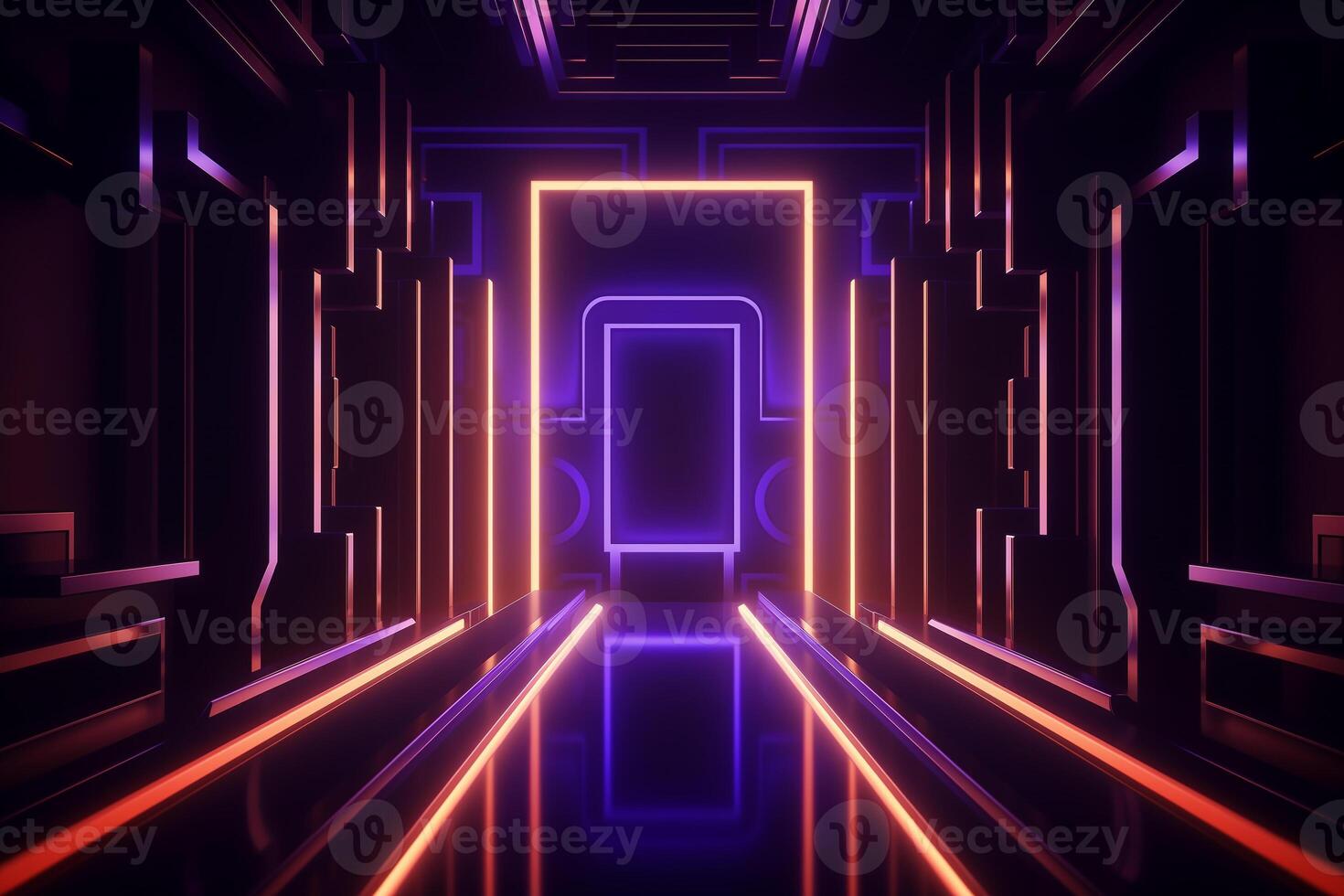 Abstract horizontal futuristic background. Dark room, hall with bright neon lights and lines. photo
