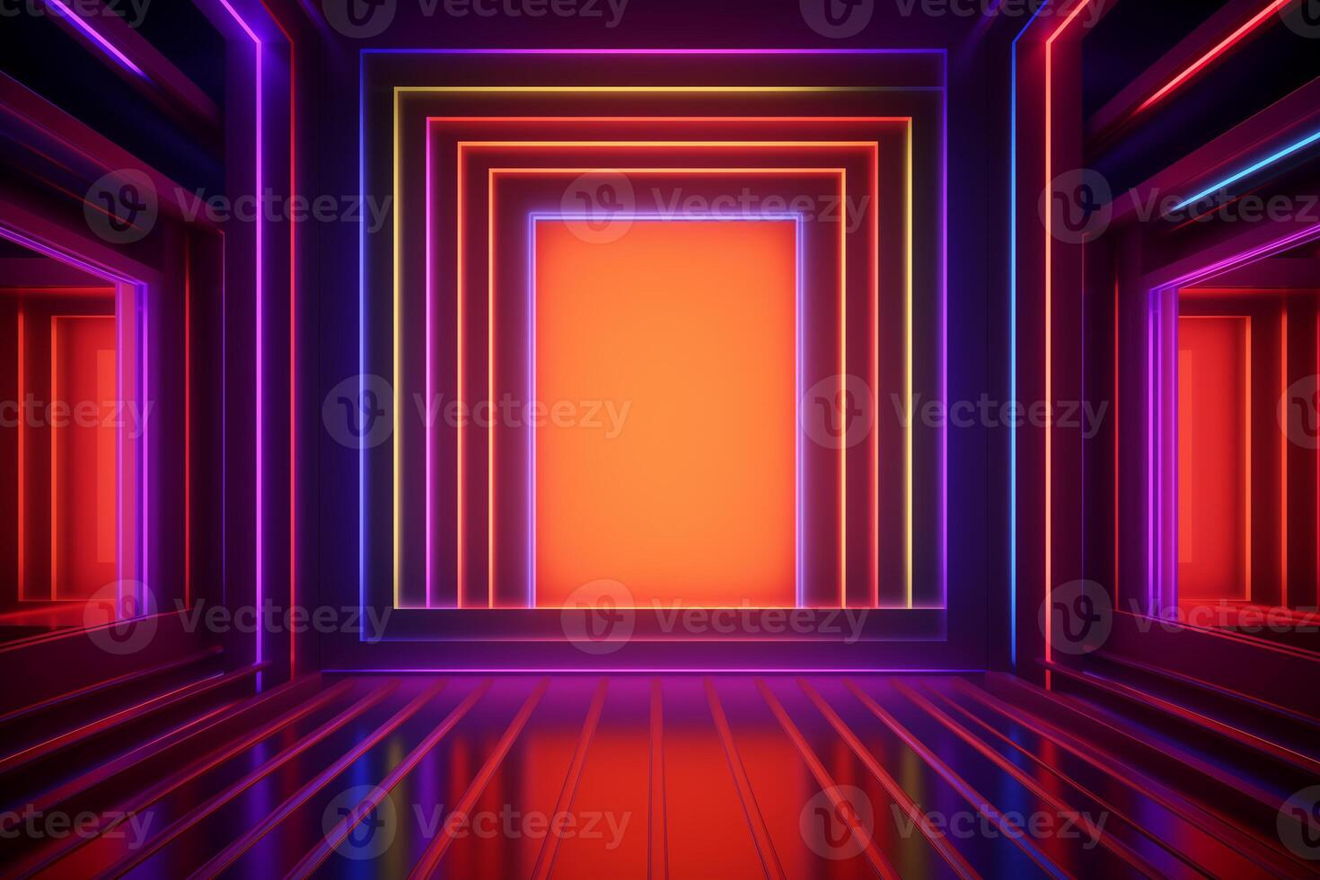 Abstract horizontal futuristic background. Dark room, hall with bright neon lights and lines. photo