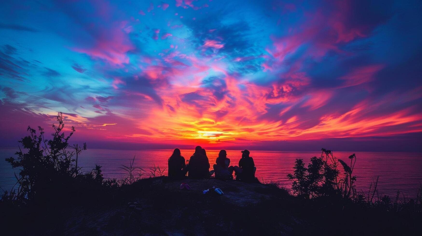 A group of friends enjoying a sunset concert, with the stage silhouetted against the colorful sky photo