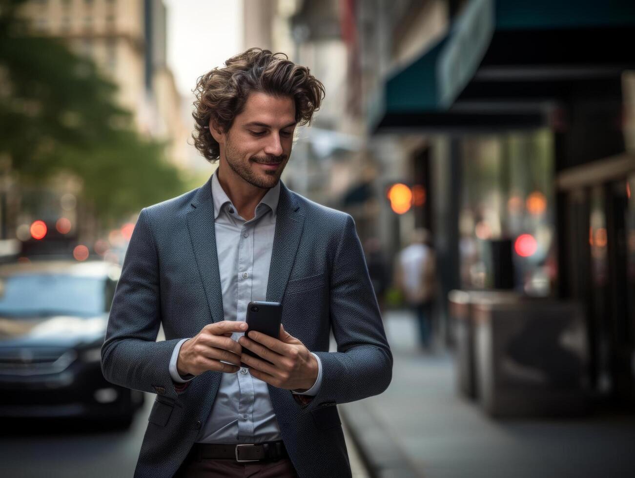 A business executive commuting on a bustling city street, using a smartphone, epitomizing the fastpaced lifestyle of modern professionals photo