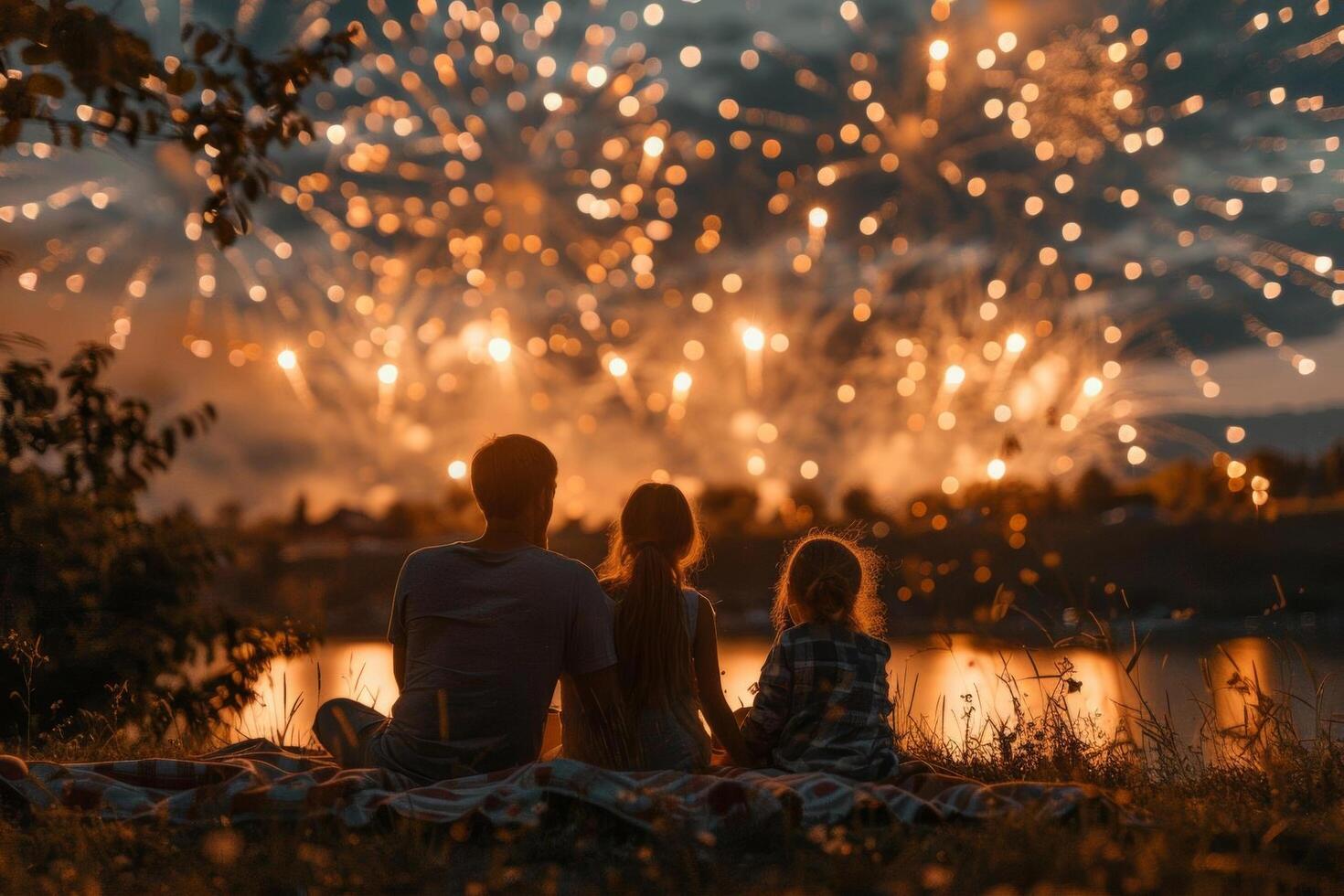 A family sitting on a blanket, watching fireworks light up the night sky on the Fourth of July photo