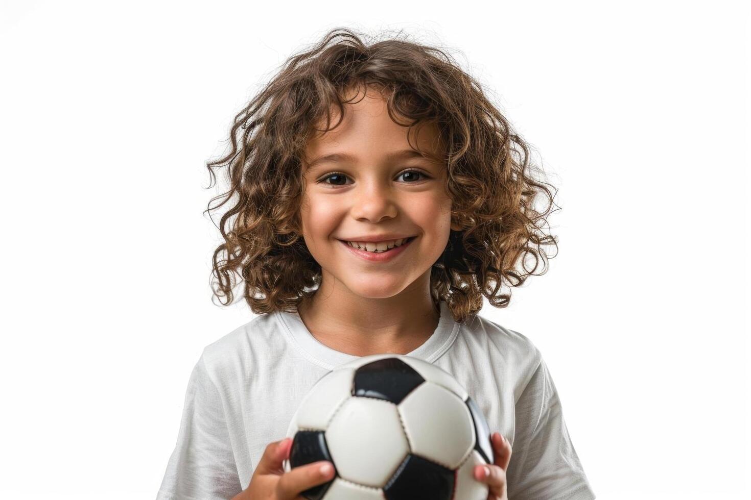 Happy child playing with a soccer ball, standing on a simple white background with plenty of empty space, great for sports and activity themes photo