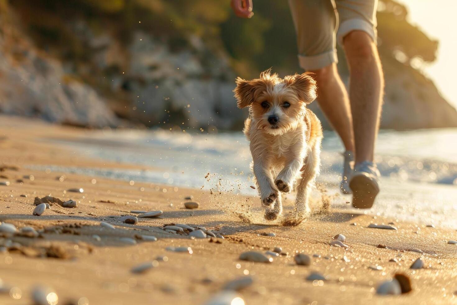 A dog running and playing fetch with its owner on the sandy shore photo