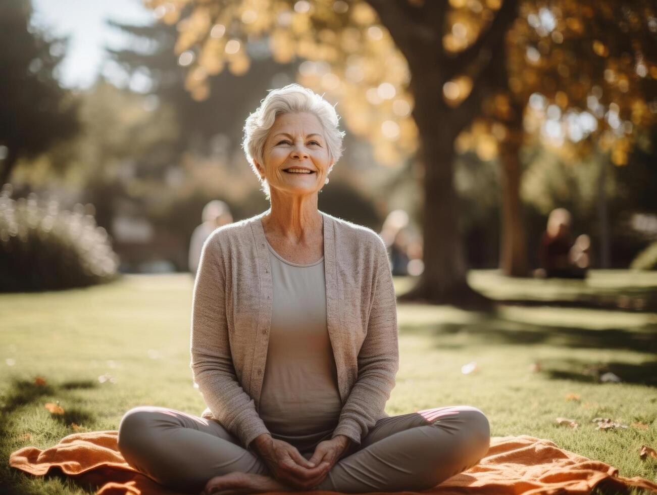 A senior attending a yoga class in a peaceful outdoor setting, emphasizing health and wellness in senior years photo