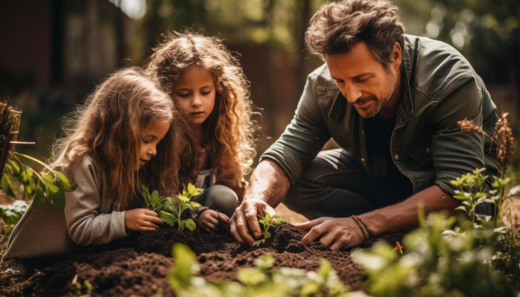 A family gardening together in their backyard, planting flowers and vegetables, representing a sustainable and connected lifestyle photo