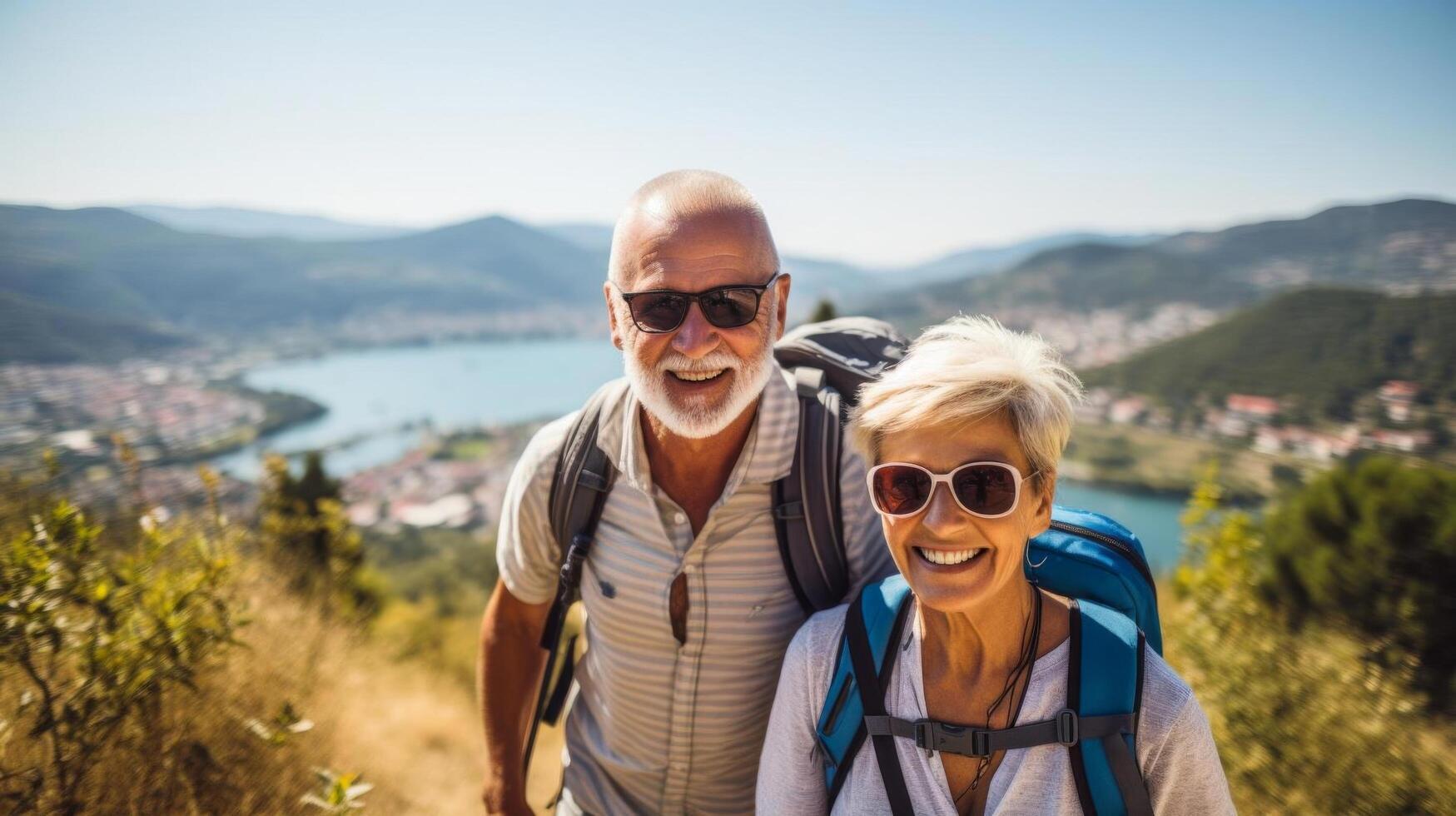 Active seniors hiking on a scenic mountain trail, with breathtaking views and clear skies, promoting outdoor adventures and a healthy lifestyle for older adults photo