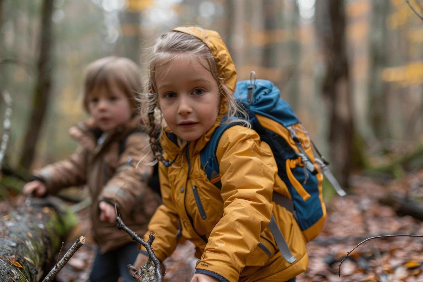 Children exploring the woods and collecting sticks near their campsite photo