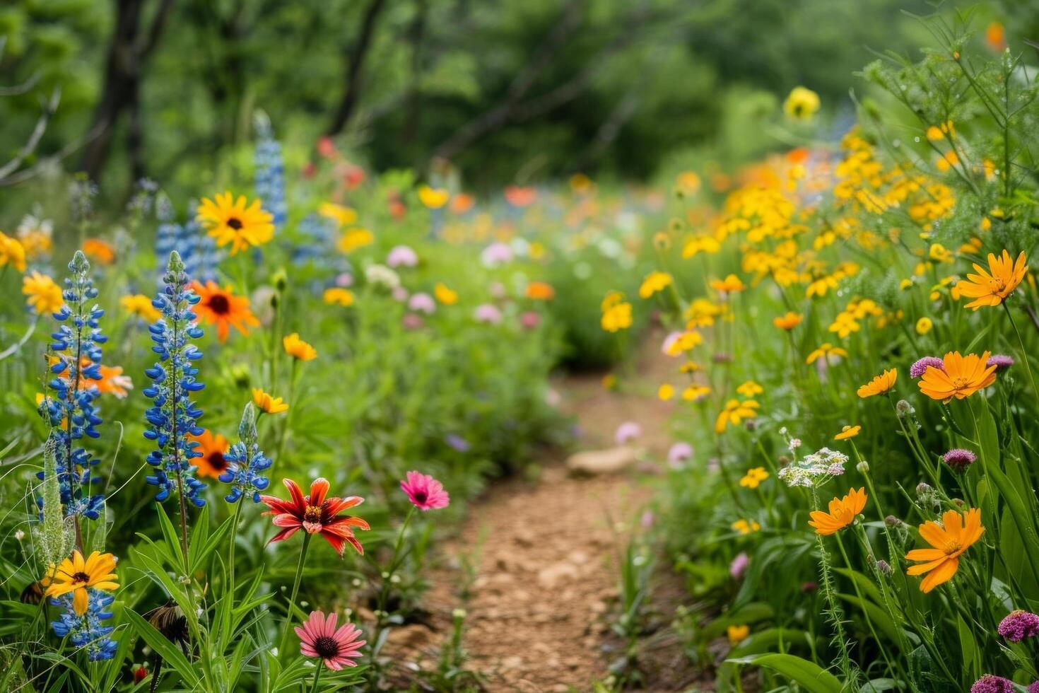 A trail winding through a colorful meadow filled with wildflowers and butterflies photo