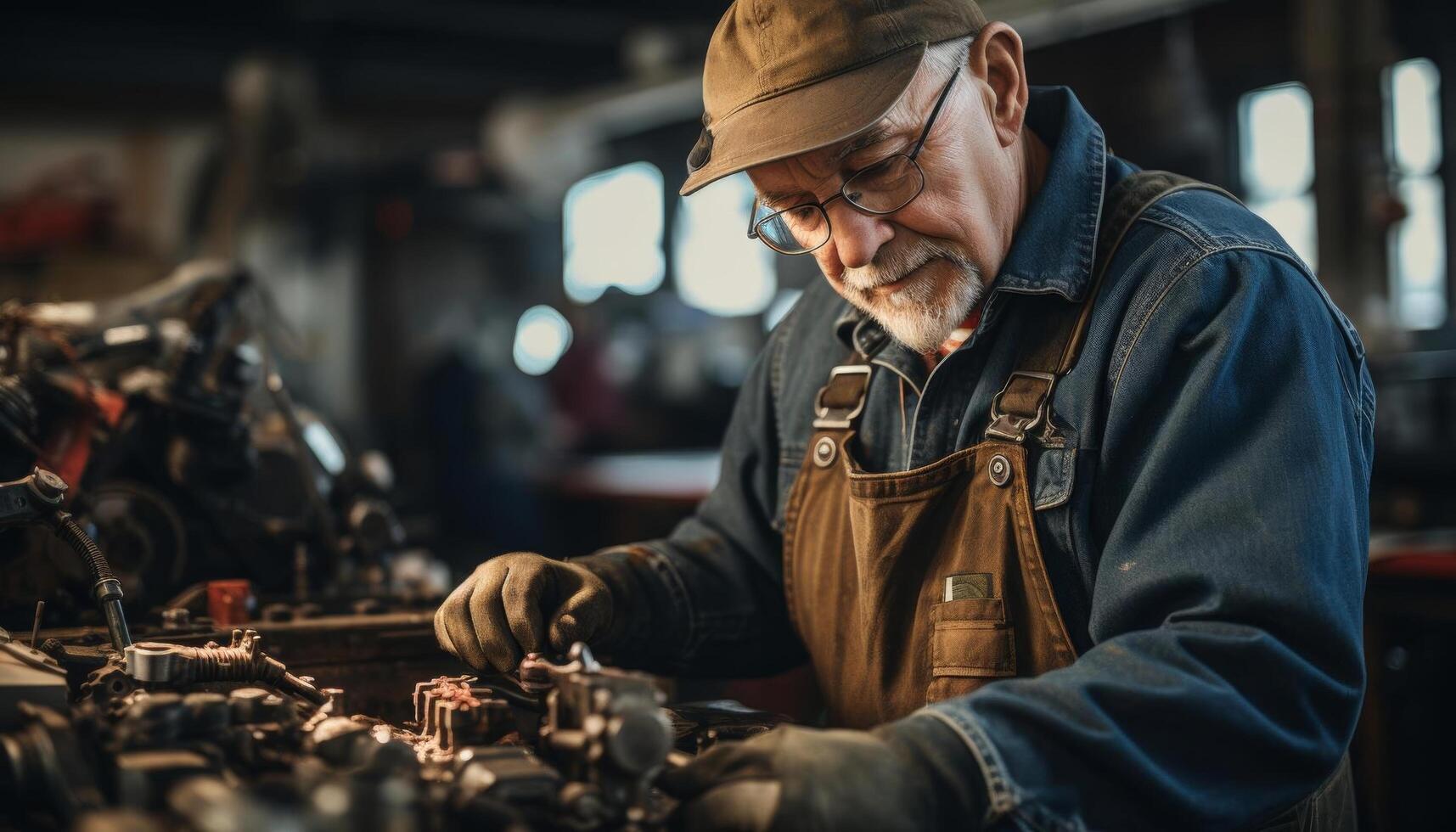 Senior man working on a vintage car in his garage, highlighting hobbies and passion projects during retirement photo