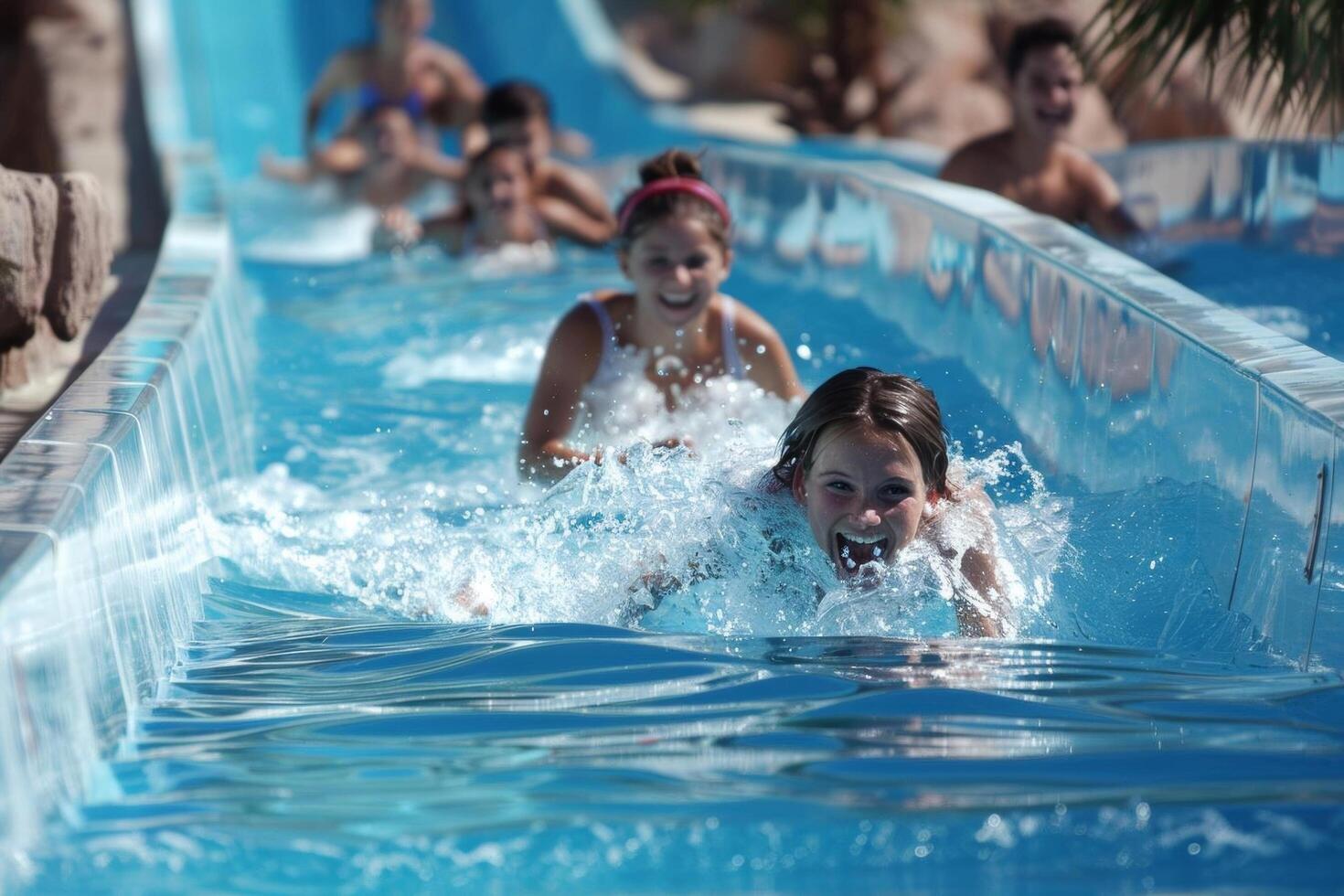 Friends sliding down a tall, winding water slide, laughing and splashing photo