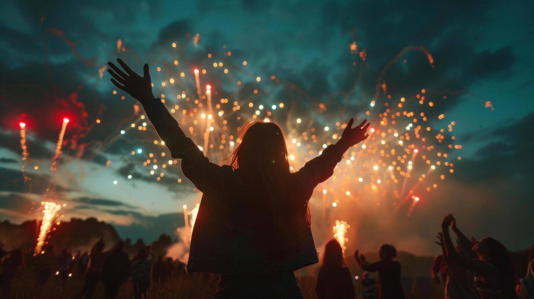 A silhouette of people cheering and clapping as fireworks light up the night photo