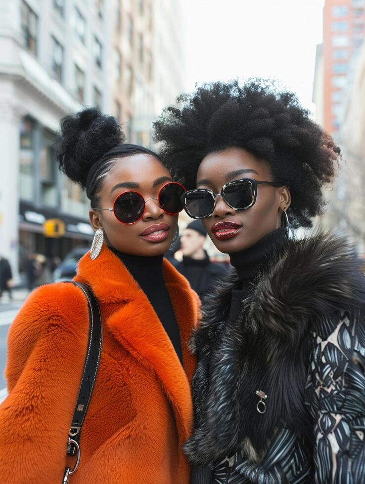 Dynamic duo in coordinating outfits and accessories photo