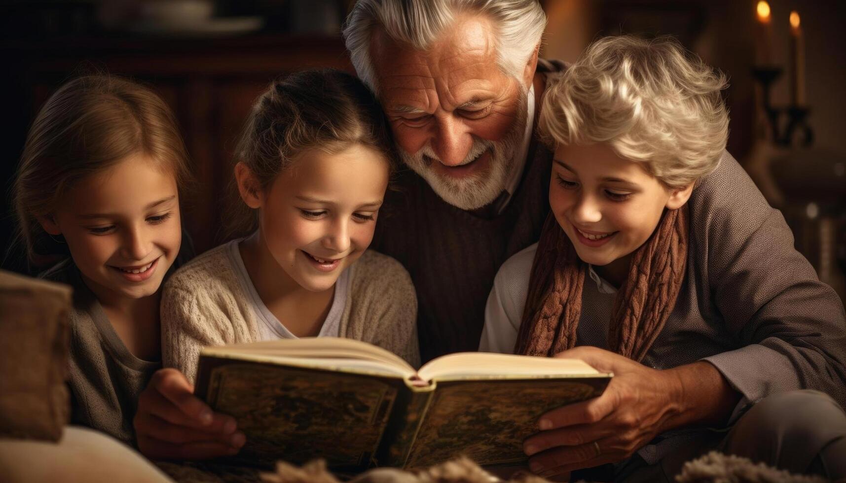 Grandparents reading stories to their grandchildren in a comfortable living room, highlighting the nurturing and educational aspects of family life photo