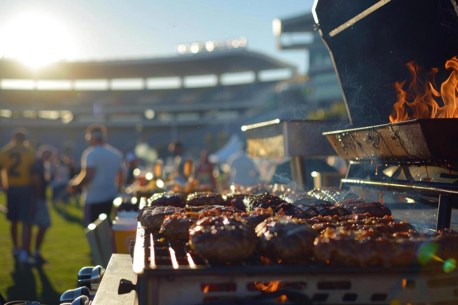 A tailgate barbecue party outside a sports stadium, with fans grilling and enjoying food before the game photo