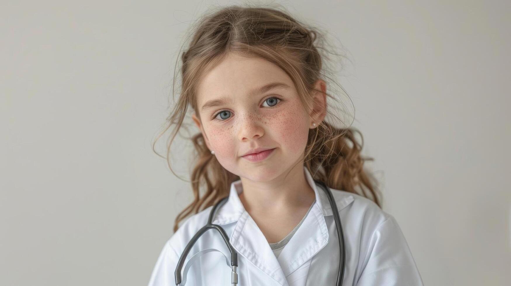 Happy child dressed as a doctor, holding a stethoscope, standing on a clean white background with ample space for text, ideal for healthcare and dreams themes photo