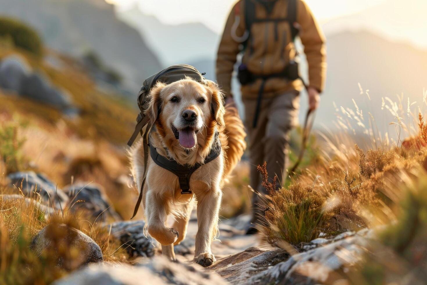 A dog happily hiking alongside its owner on a rugged, mountainous trail photo