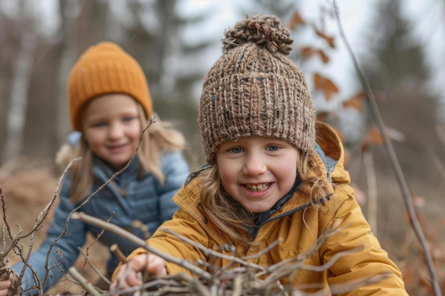 Children exploring the woods and collecting sticks near their campsite photo
