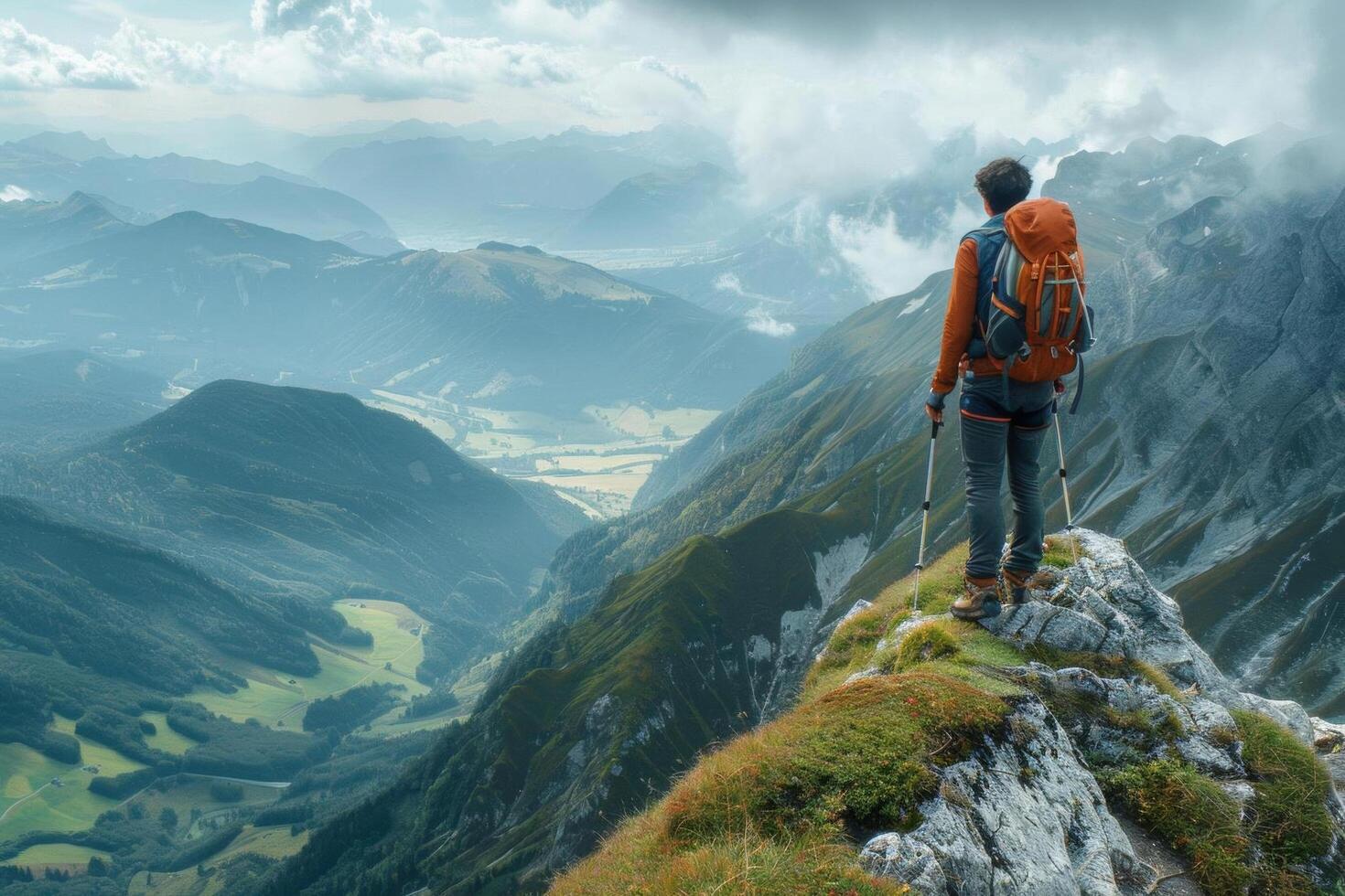 A lone hiker standing on a mountain peak, overlooking a vast valley below photo