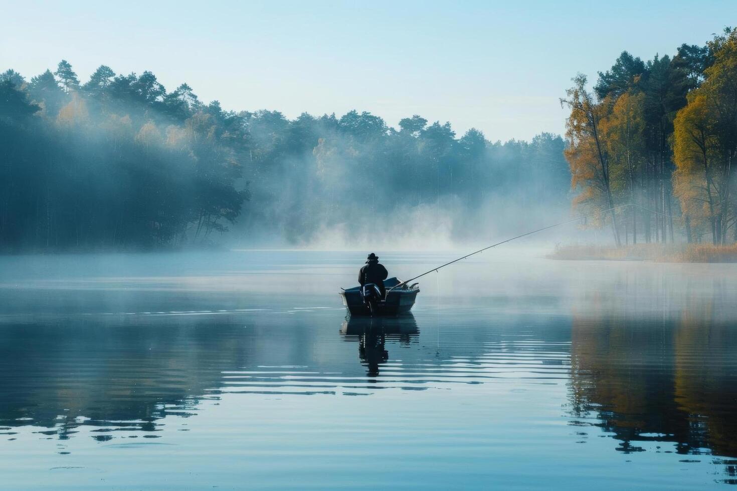 A fisherman casting a line from a small boat in the middle of a quiet lake photo