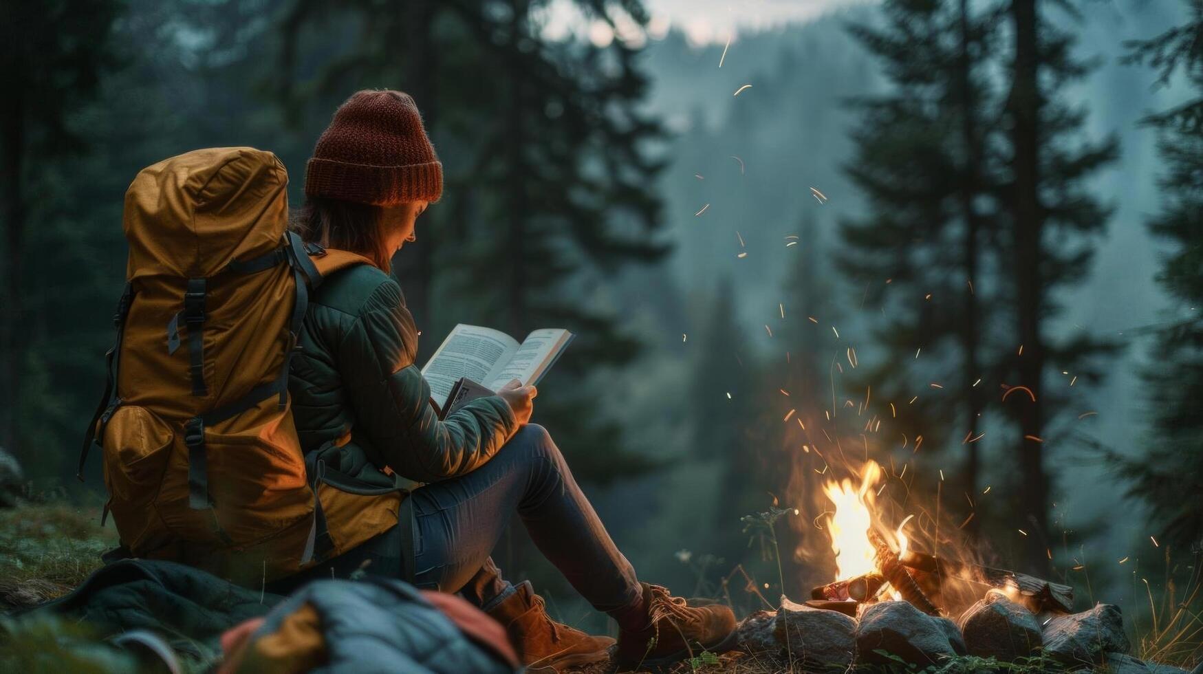 A camper sitting by the fire, reading a book with a backdrop of tall, towering trees photo